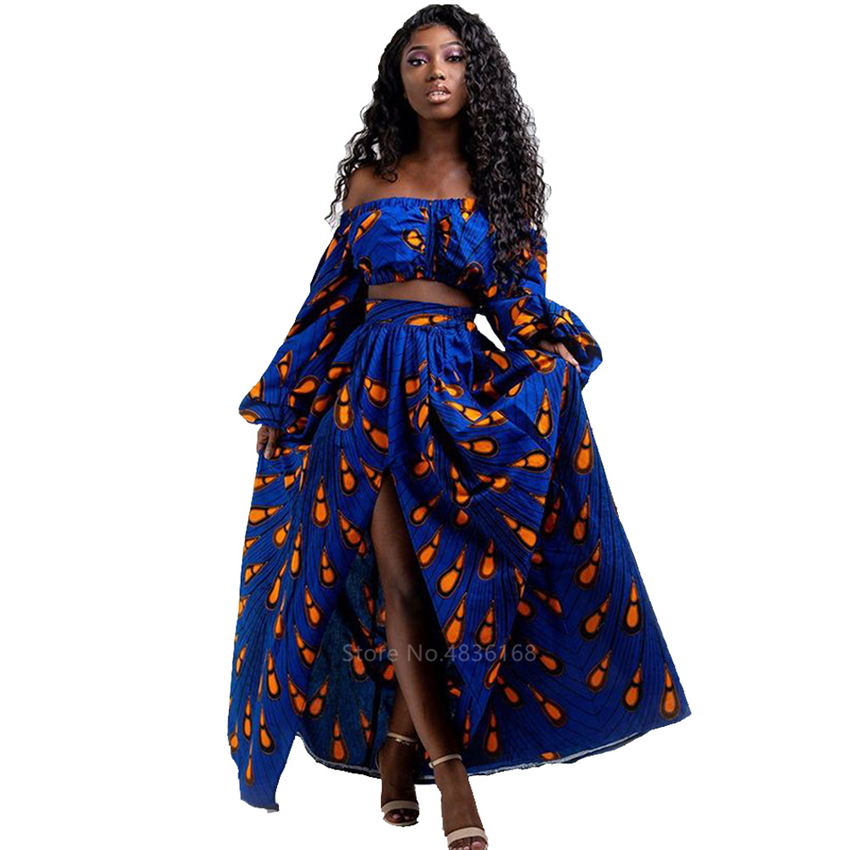 Robes africaines pour femmes, ensemble 2 pièces, manches longues, épaules dénudées, imprimé Dashiki, jupes fendues, vêtements Africna, automne