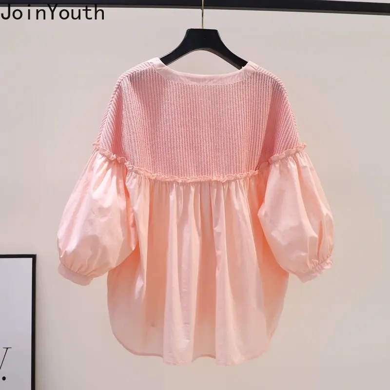Chemisiers en coton femmes Patchwork rose chemise ample été doux volants Blouse col rond lanterne manches hauts 2025 Blusas Mujer De Moda