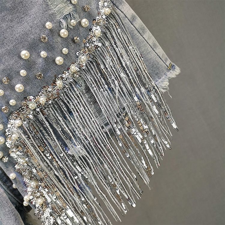 Short en jean pour femmes, vêtements d'été, nouvelle taille haute européenne, fine, industrie lourde, perles, paillettes, franges, cuivre cassé, 2025