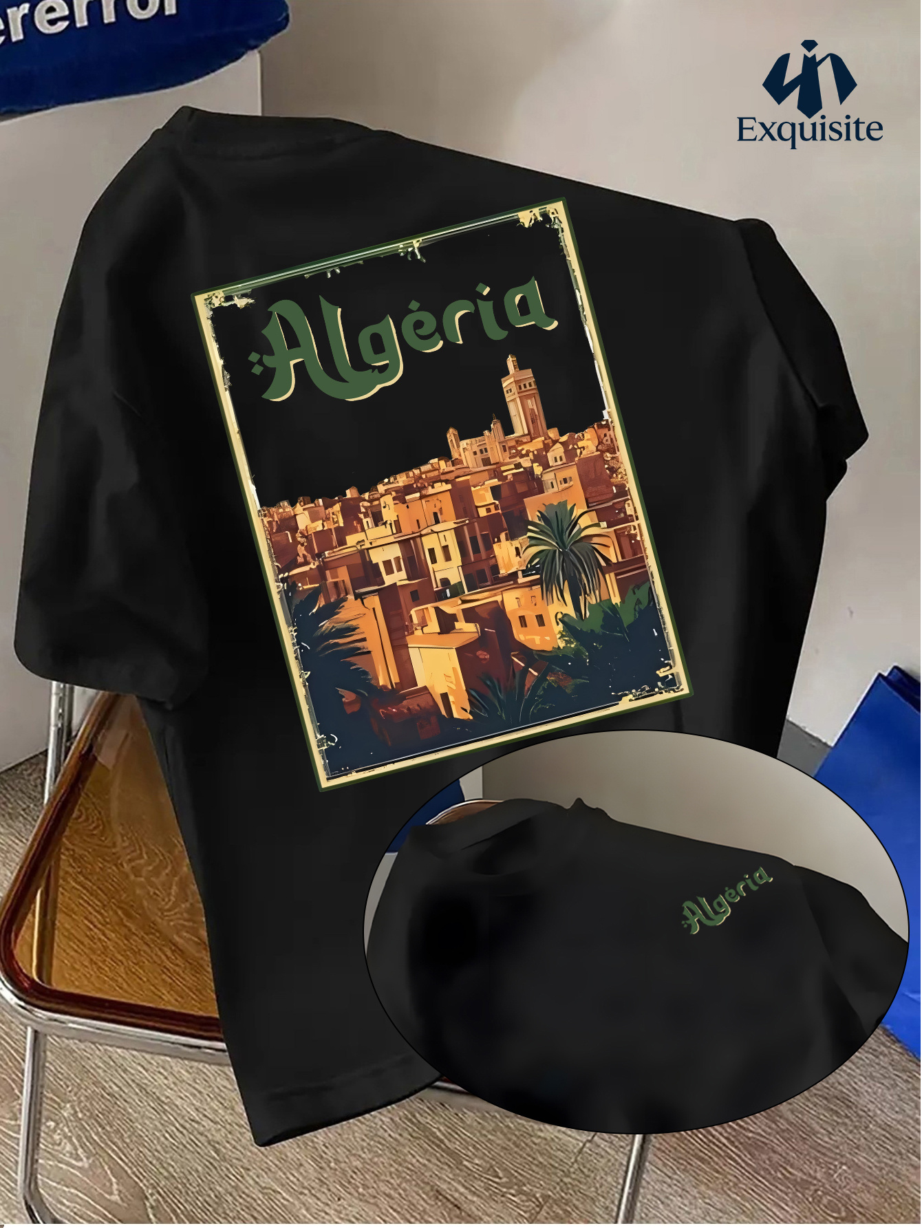 T-shirt d'été pour homme de style maghrébin avec le logo « Algérie » sur un haut à col rond respirant, anti-humidité et coupe ample