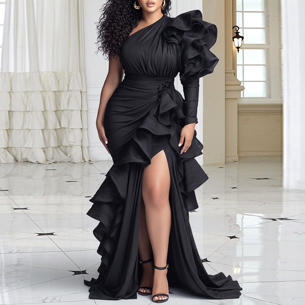 Robe de soirée maxi grande taille à une épaule pour femme, élégante, à manches longues, taille haute, à volants superposés, pour fêtes, bals et mariages