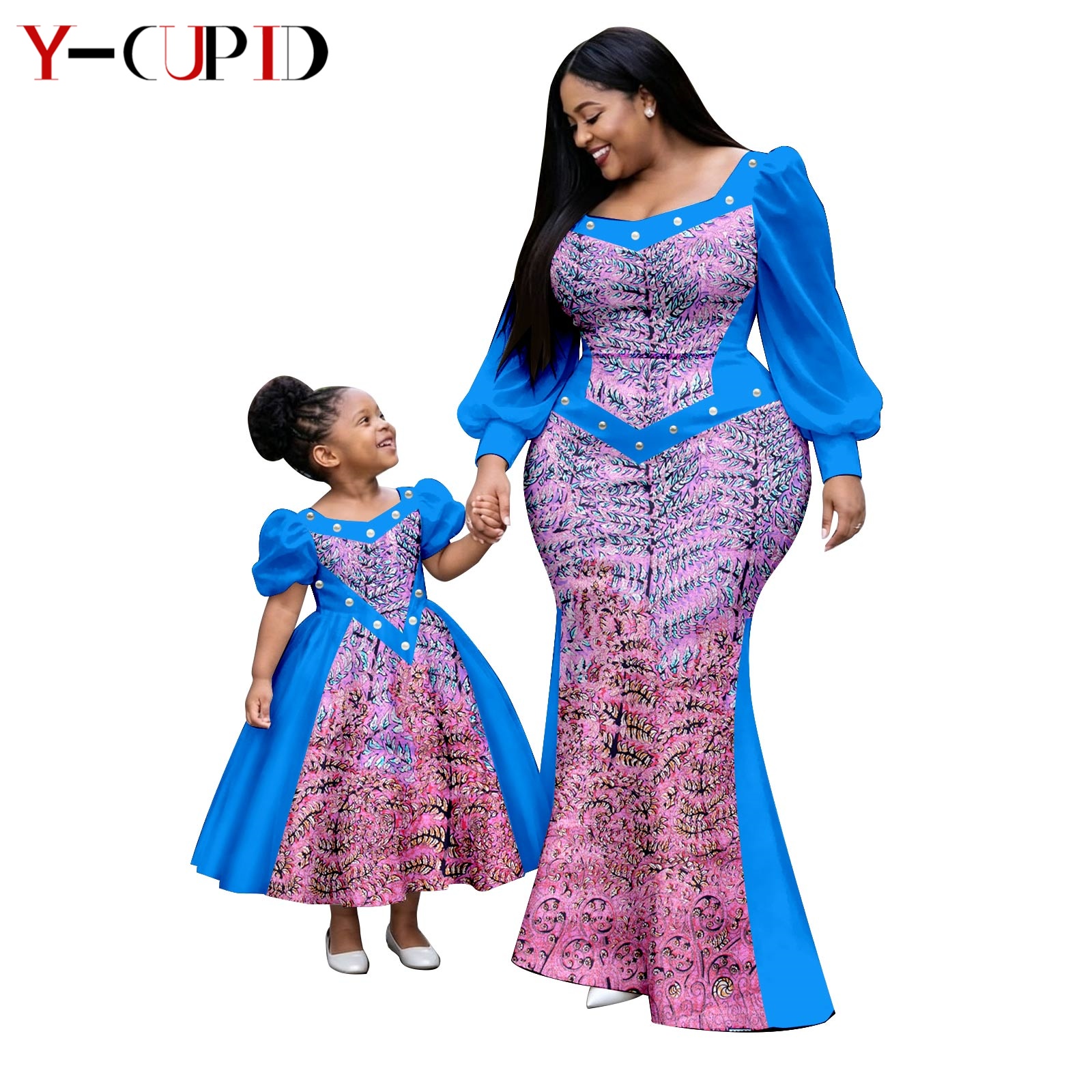 Robes tutu à manches à volants imprimées africaines pour femmes et filles, tenues Dashiki mère-fille, vêtements de famille 26F011