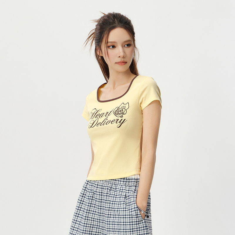 T-shirt Femme Color Block Col Carré Court Décontracté Tendance Été 2026 Chic Confort Quotidien