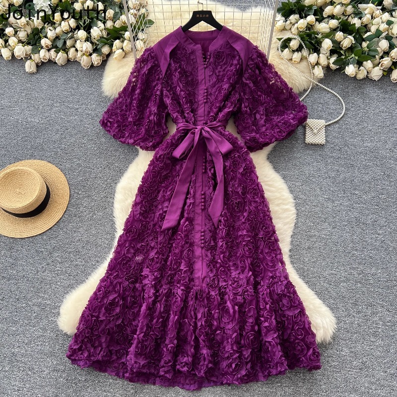Femme élégante robes lourd 3D Floral doux Chic Robe Femme taille mince simple boutonnage pansement Maxi Robe 2025 robes De Mujer
