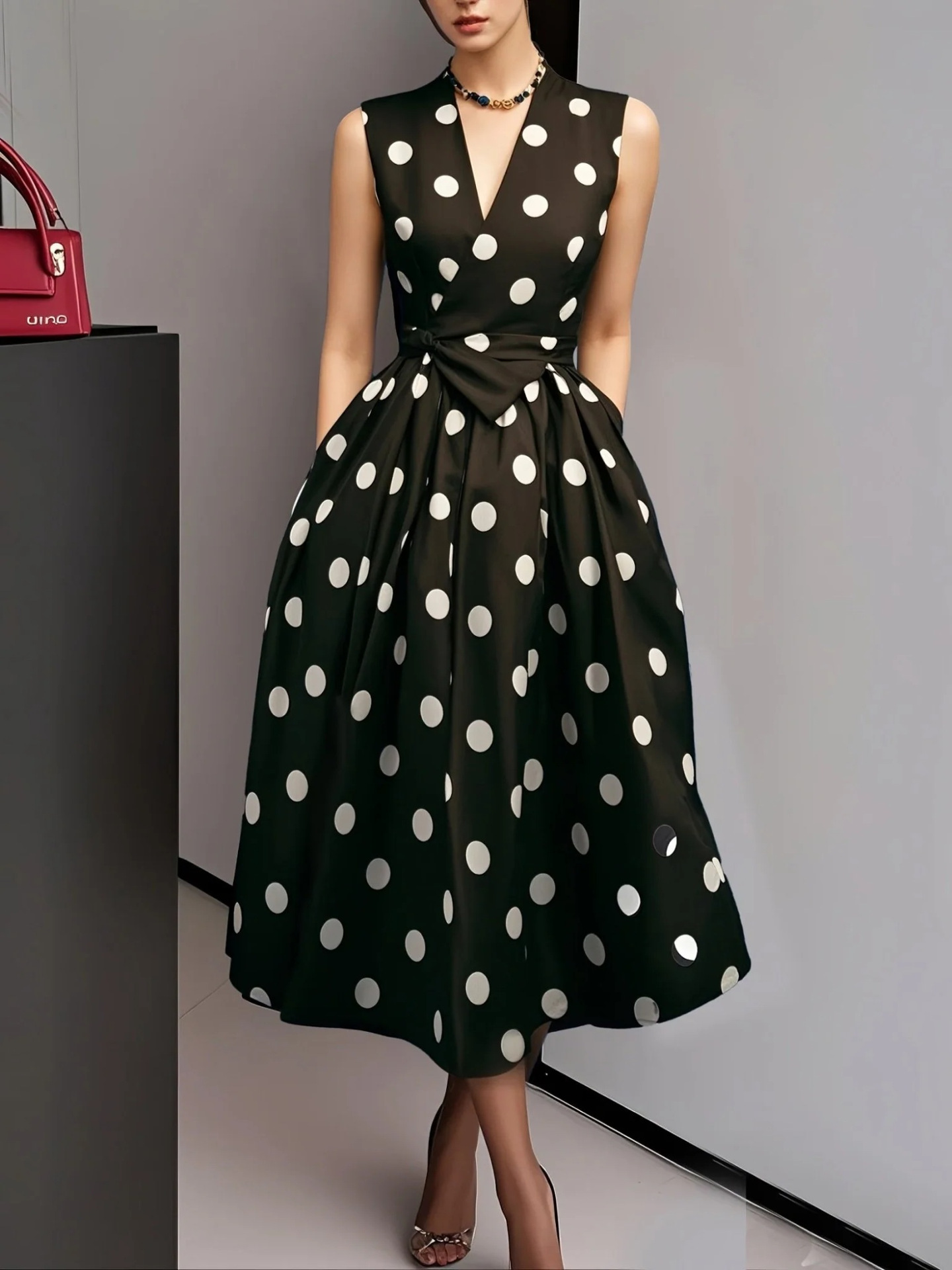 Robe sans manches à pois pour femme, col en V, corsage croisé, ceinture à nouer, robe plissée, poches latérales, tenue élégante pour les fêtes et le bureau