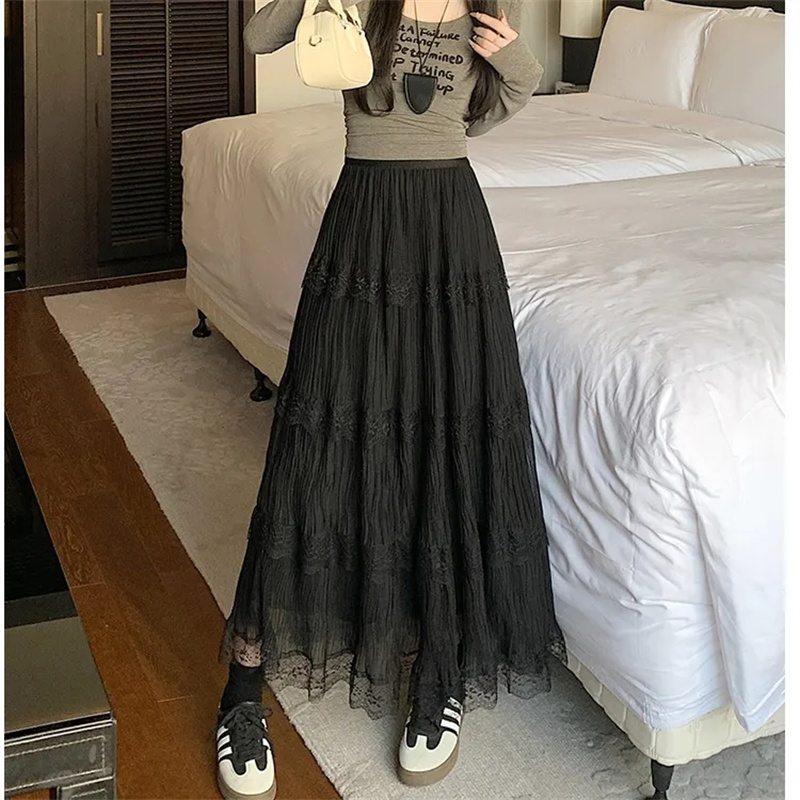 Jupes en mousseline de soie pour femmes, Vintage, taille haute, élastique, Patchwork, blanc, noir, Chic, longue gâteau, jupe trapèze pour étudiantes, printemps été
