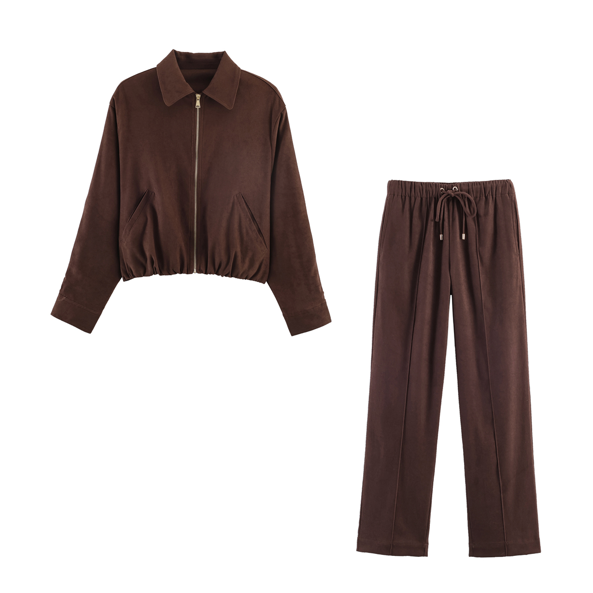 Ensemble pantalon décontracté pour femme, printemps-automne, élégant, style urbain, veste ample à revers avec fermeture éclair et pantalon à cordon de serrage, tailleur féminin