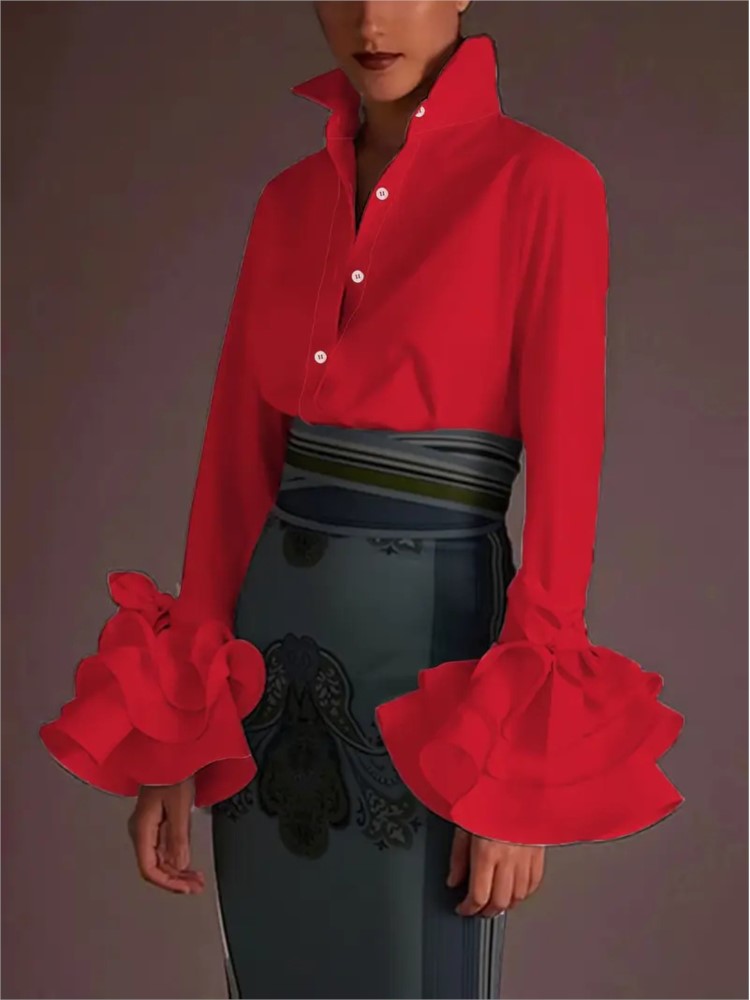 Chemises et blouses pour femmes, élégantes, manches évasées, blouses à volants, hauts, printemps, automne, décontractées, unies, chemises de bureau à col boutonné, hauts