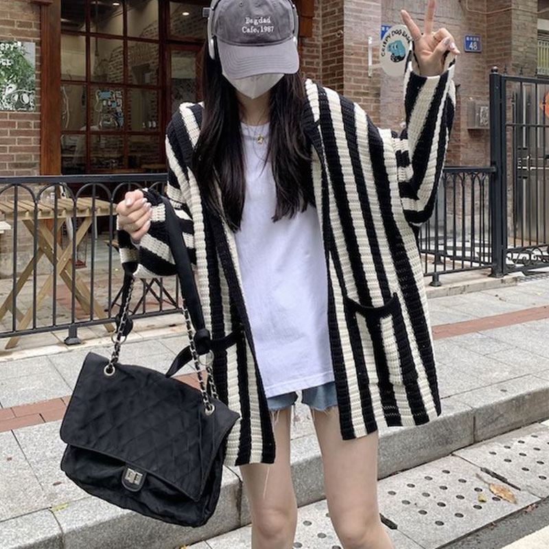 Cardigan rayé à manches longues pour femmes, pulls à capuche épissés, vêtements décontractés coréens, automne et hiver