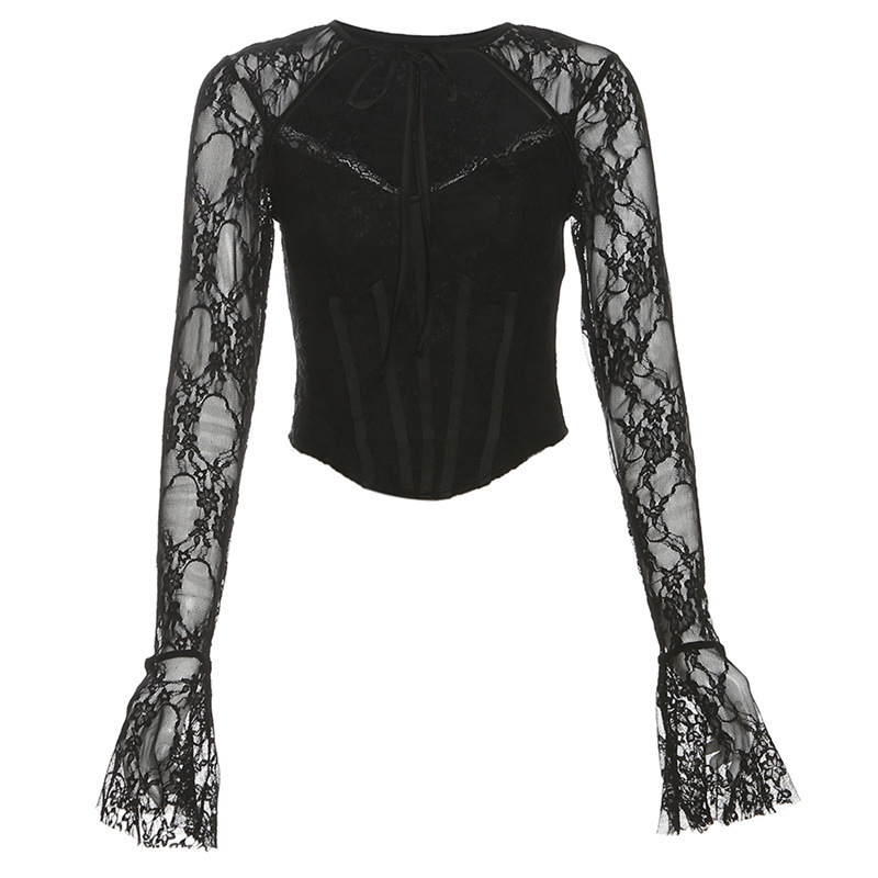 Chemise à manches longues en dentelle pour filles, douce et épicée, Design Sensation, coupe cintrée, haut court ajouré, chemise de Base transparente