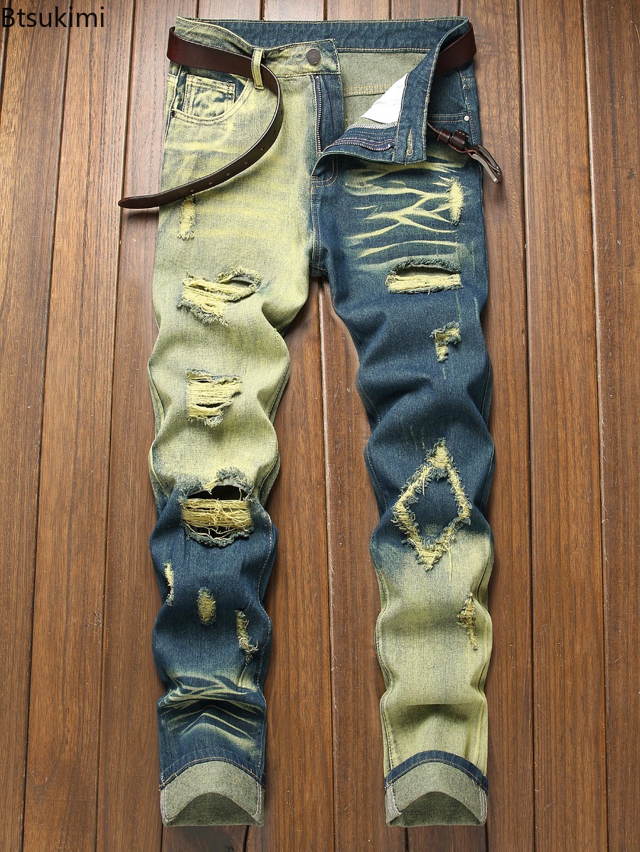 Nouveau jean rétro homme déchiré jambe droite pantalon déchiré jean à la mode pantalons décontractés pantalon homme vêtements de rue