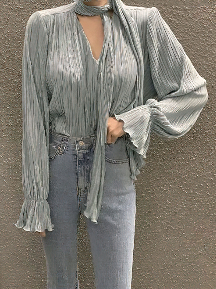 Chemisier plissé à manches longues pour femme, haut basique à col en V à volants, élégant, décontracté, surdimensionné, vêtements de bureau pour femme, cravates de luxe, coréen, chic