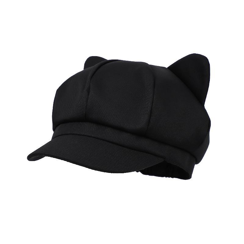 Béret femmes mignon chat oreille doux octogonal chapeaux pour femmes casquette gavroche peintre chapeau Style coréen couleur unie noir