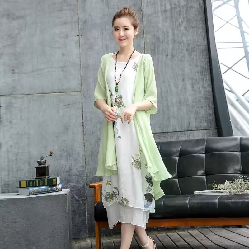 Ensemble de 2 pièces : Robe longue d'été élégante et décontractée pour femme, en coton et lin, imprimé vintage, avec cardigan.