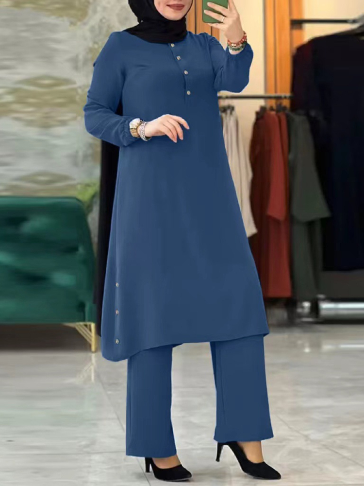 Ensemble deux pièces pour femmes arabes Eid musulmanes, chemisier et pantalon à jambes larges, Ensemble musulman, ceinture, chemise à bouton unique, vêtements modestes du Ramadan