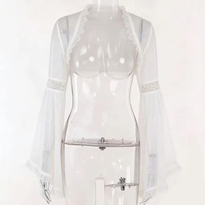 Boléro en dentelle transparente à manches longues évasées, style elfe, pour mariée, avec volants, châle, couvre-robe, veste ouverte Lolita, cardigan