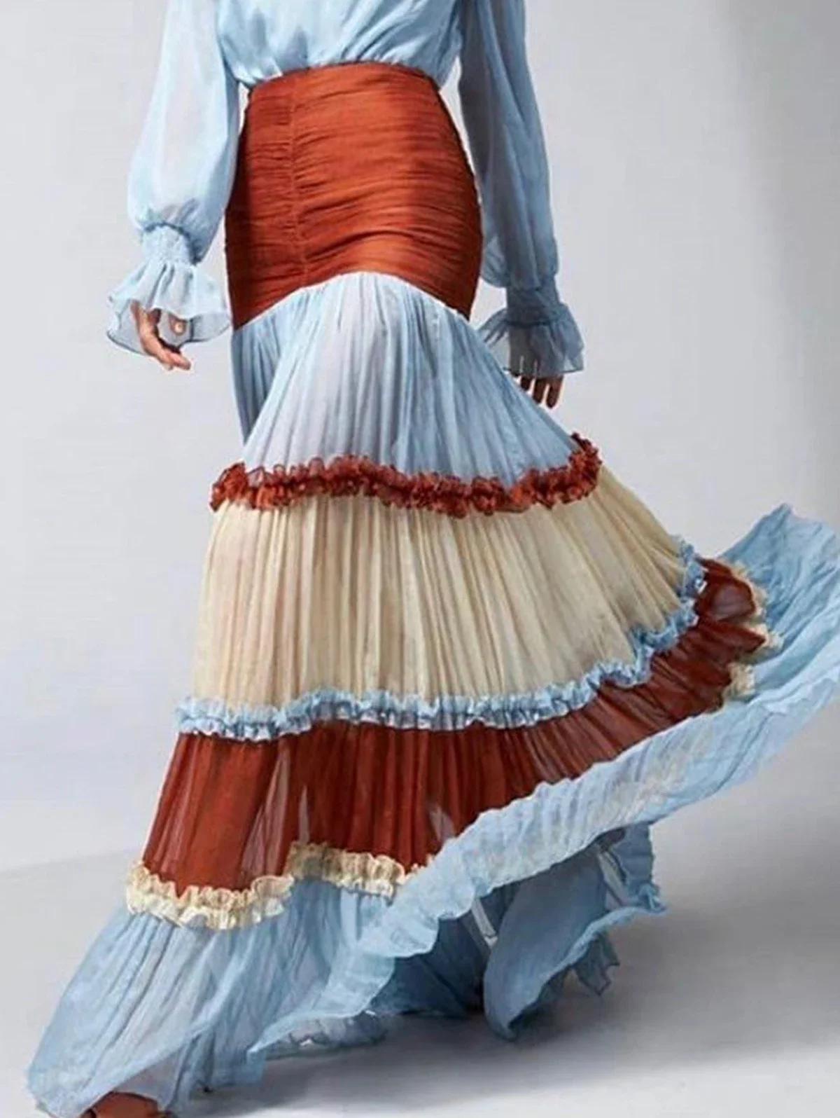 Robe longue élégante femmes automne col en V profond à manches longues robe Femme Colorblock à volants à plusieurs niveaux robe Maxi robes Femmes