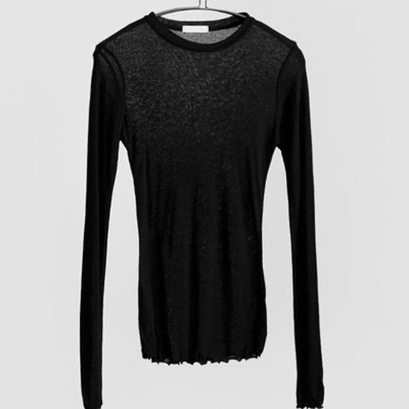 T-shirt uni à manches longues pour femmes, de haute qualité, élastique, basique, décontracté, Sexy, fin, transparent