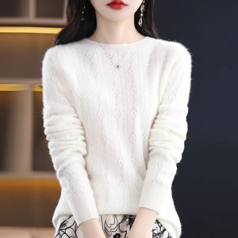 Pull en laine mérinos et cachemire pour femme, tricoté, col rond, manches longues, vêtements chauds, automne et hiver, 100%
