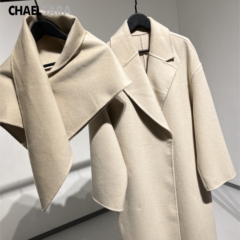 Manteau long en laine mélangée pour femmes, automne-hiver, élégant, col châle, coupe ample, vêtement d'extérieur chaud.