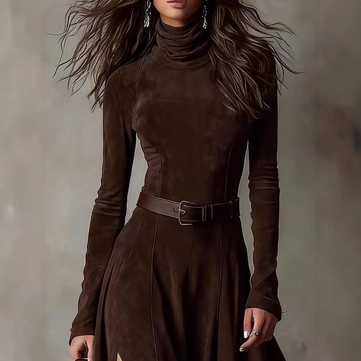 Robe élégante à manches longues et col montant pour femme, nouvelle collection 2026