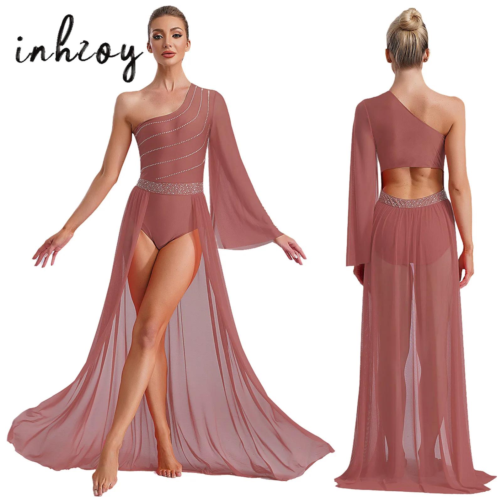 Robe de danse de salon de ballet lyrique pour femmes, justaucorps à manches évasées, costume de batterie, jupes en maille fendue fluide, robe maxi