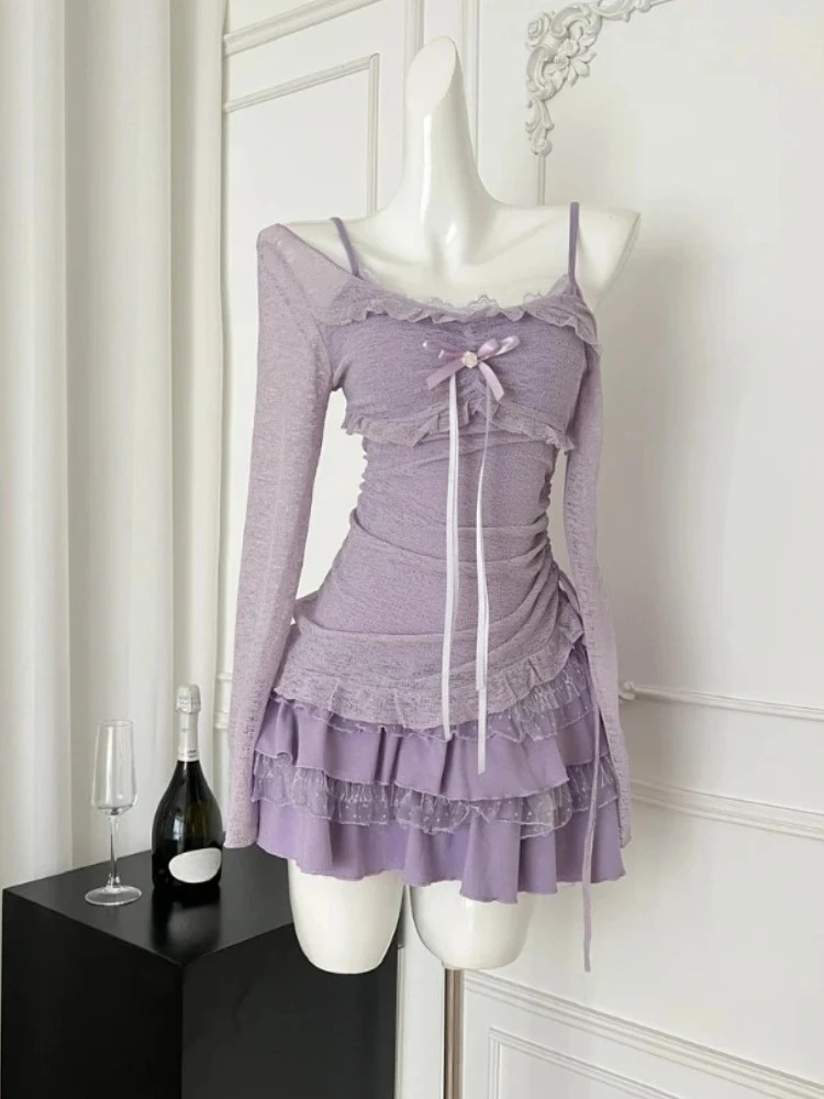 Coréen Sexy Mode Élégant 2 Pièces Ensemble Femmes Arc Hauts En Dentelle + Slim Fit Chic Robe Soirée Doux Casual Costumes Nouveau 2025 D'été
