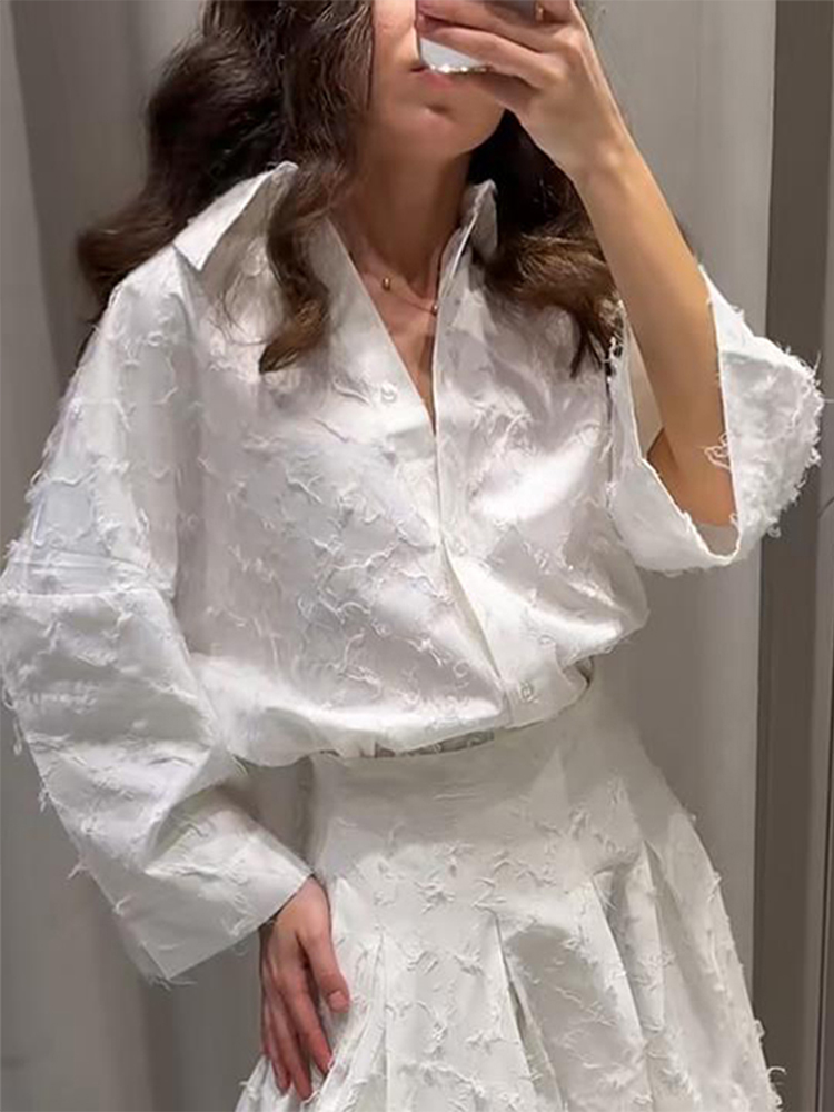 Ensemble chemise et jupe élégante pour femmes, T-shirt ample à manches longues et revers, taille haute, jupes longues plissées, costumes de rue, printemps 2026