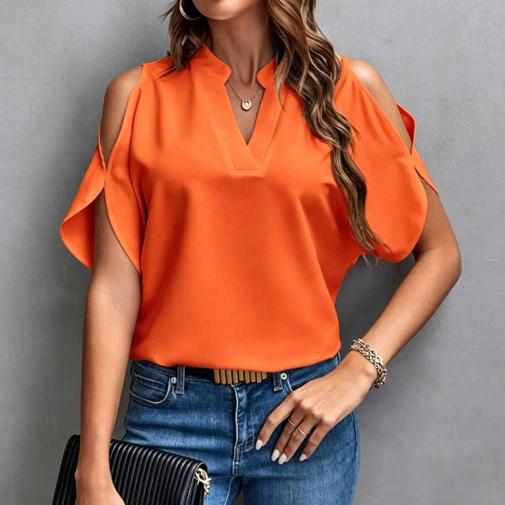 Chemise élégante à manches courtes pour femme - Couleur unie, col cranté, style européen et américain ample, haut polyvalent