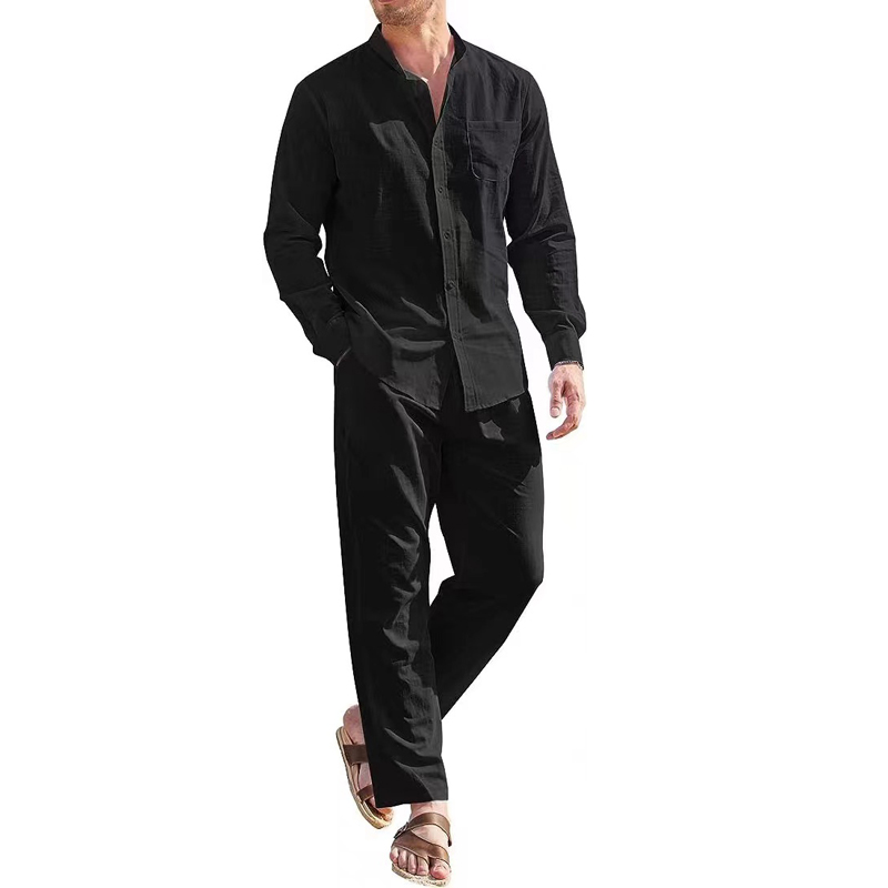 Chemise à manches longues à col en V pour hommes, lin trempé, respirant, solide, document, décontracté, sport, mode, ensemble deux pièces, tenues pour hommes, fj2