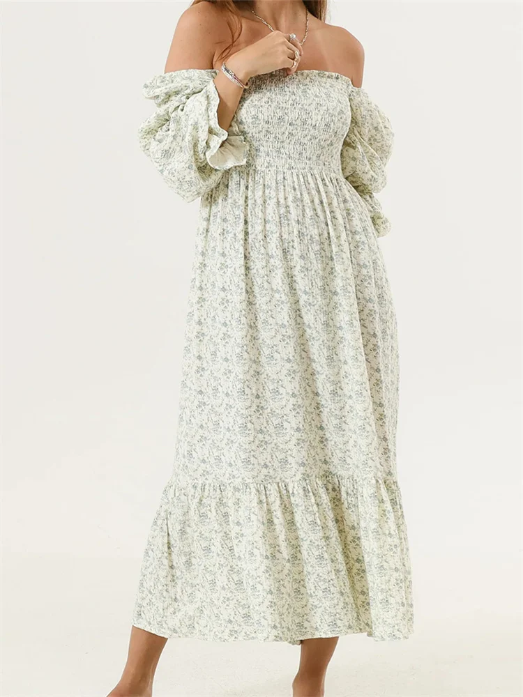 Robe longue à volants à manches bouffantes pour femmes, robe florale vintage, décontractée, bohème, initiée au hors, printemps, automne