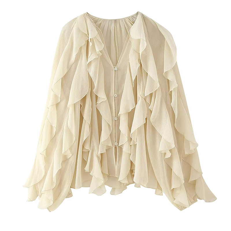 Printemps 2025 femmes sexe Semi-transparent à manches longues col en V à volants Blouse chemise bouton avant haut