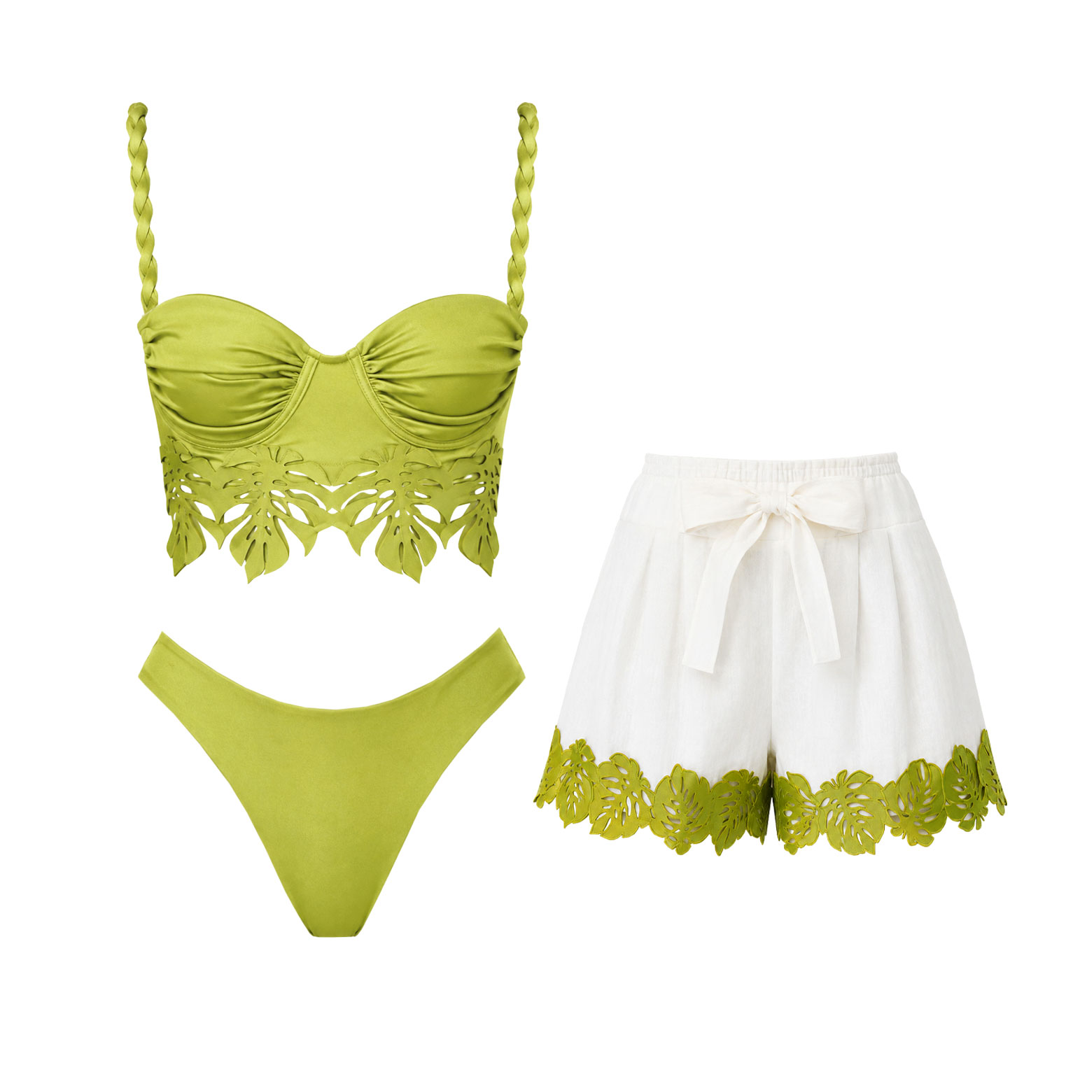 Ensemble de maillot de bain élégant pour femme avec short et applique feuille, nœud papillon, style bikini, tenue de plage