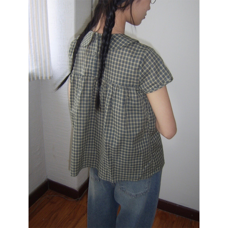 Chemises à carreaux Vintage pour femmes, chemisiers japonais à col Peter Pan avec nœud Harajuku, esthétique coréenne d'été, manches courtes, hauts décontractés, nouveau