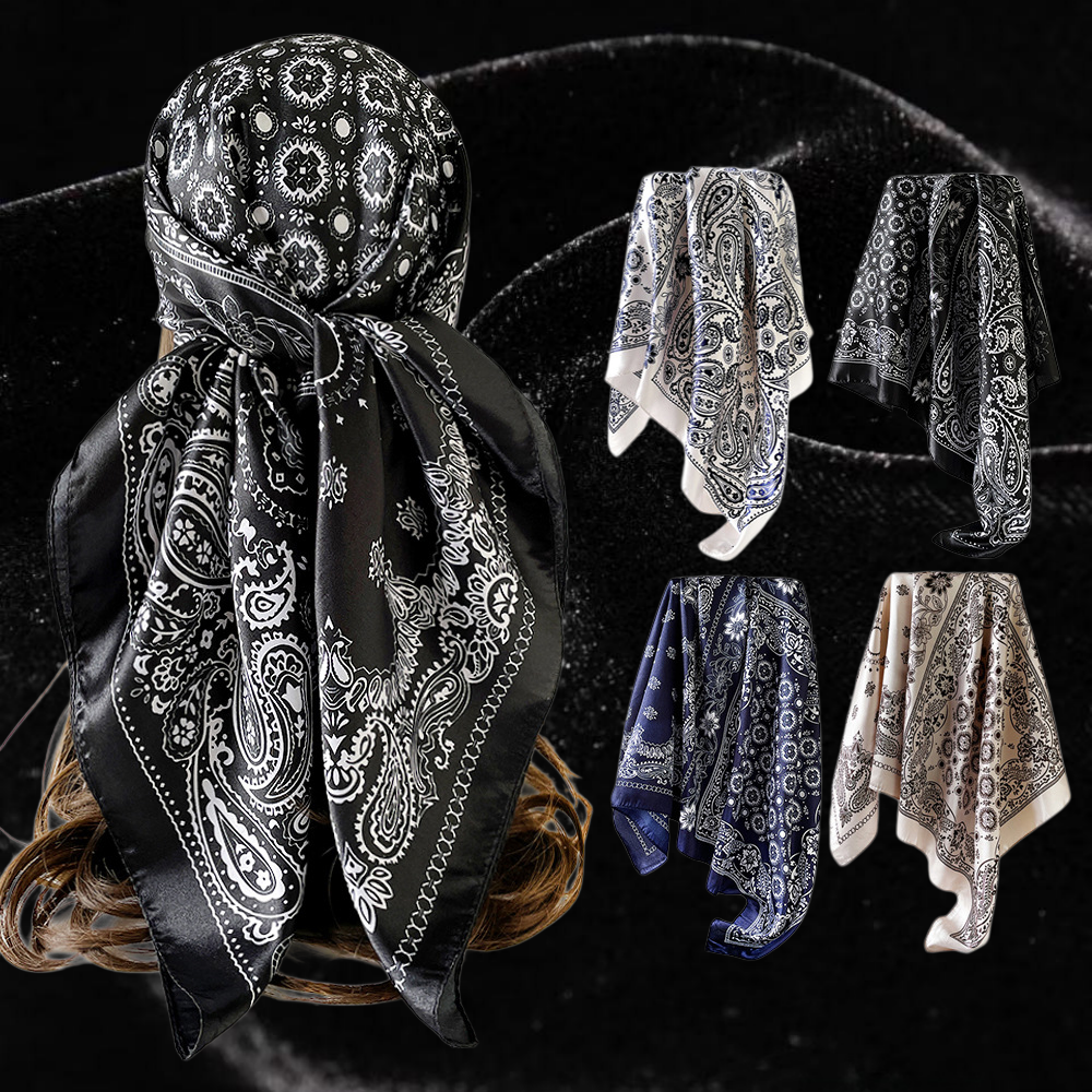 Foulard carré en satin à motif paisley de 90 cm, foulard rétro tendance pour femmes, accessoire de mode, foulard en satin noir et blanc à motif paisley.