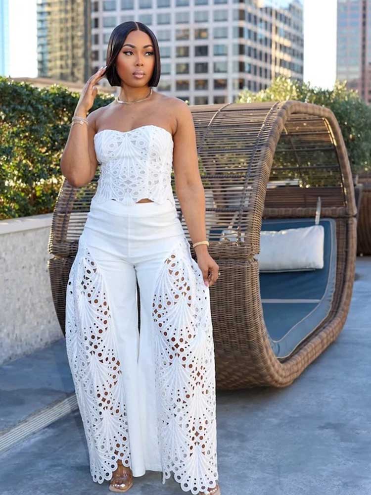 Ensemble deux pièces en dentelle pour femmes, vêtements élégants, col en V, Sexy, sans bretelles, haut court et pantalon à jambes larges, ajouré, été