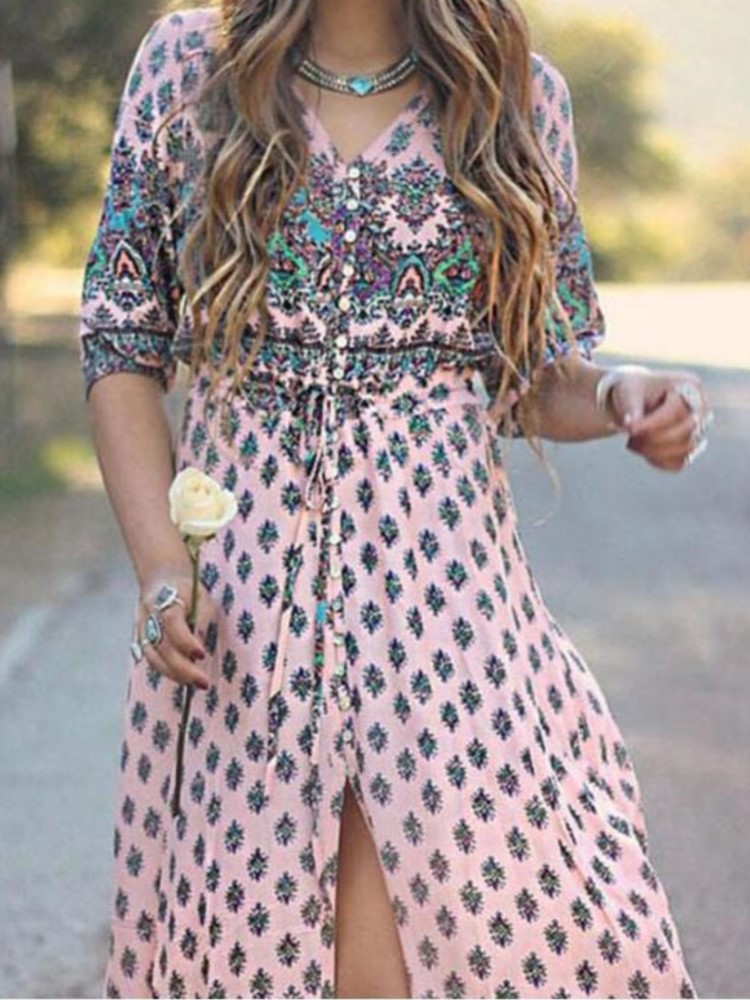 Boho robe imprimée dame mode Vintage col en V trois quarts pull robes pour femmes élégant vacances plage femmes vêtements nouveau