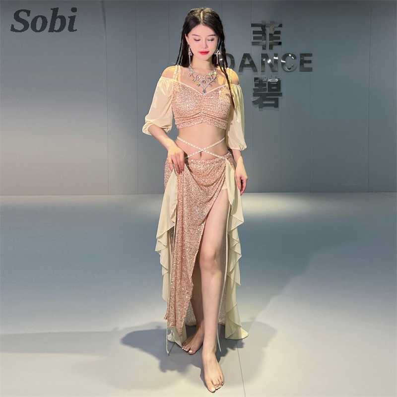 Ensemble de costumes de danse du ventre pour femmes, haut à bretelles Sexy + jupe longue, tenue de classe d'entraînement sirène, vêtements de spectacle de danse du ventre orientale