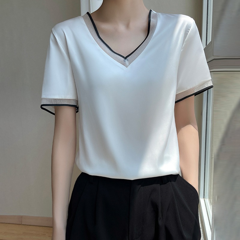 T-shirts d'été à manches courtes col en v soie Satin T-shirt solide mode femmes T-shirt sommets décontracté bureau dame T-shirt