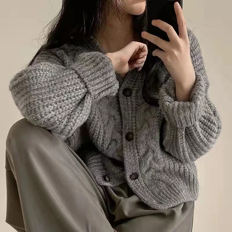 Mode hiver chaud à manches longues femmes v-nek lâche Cardigan pull automne élégant couleur unie décontracté haut tricoté