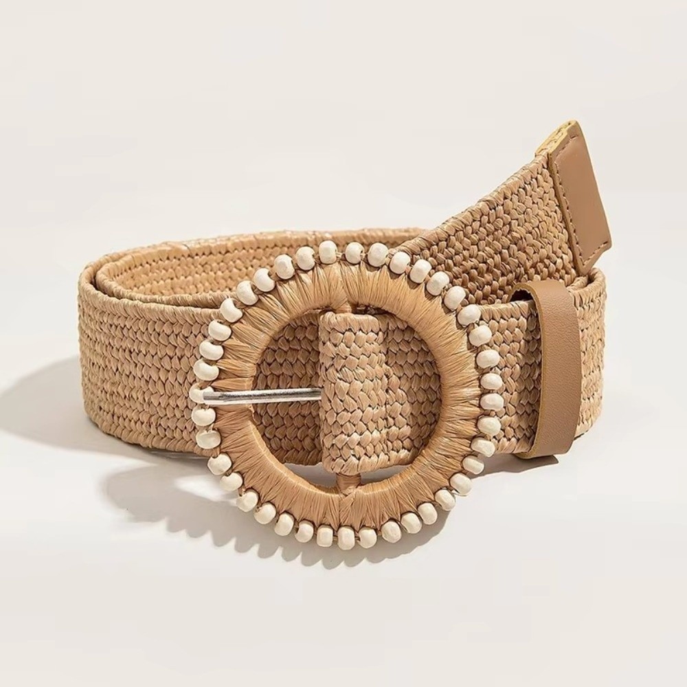 Ceinture de taille tendance à boucle ronde, ceinture en paille bohème, ceinture tissée bohème avec boucle elliptique et perles décoratives pour femme, idéale pour la plage et les vacances