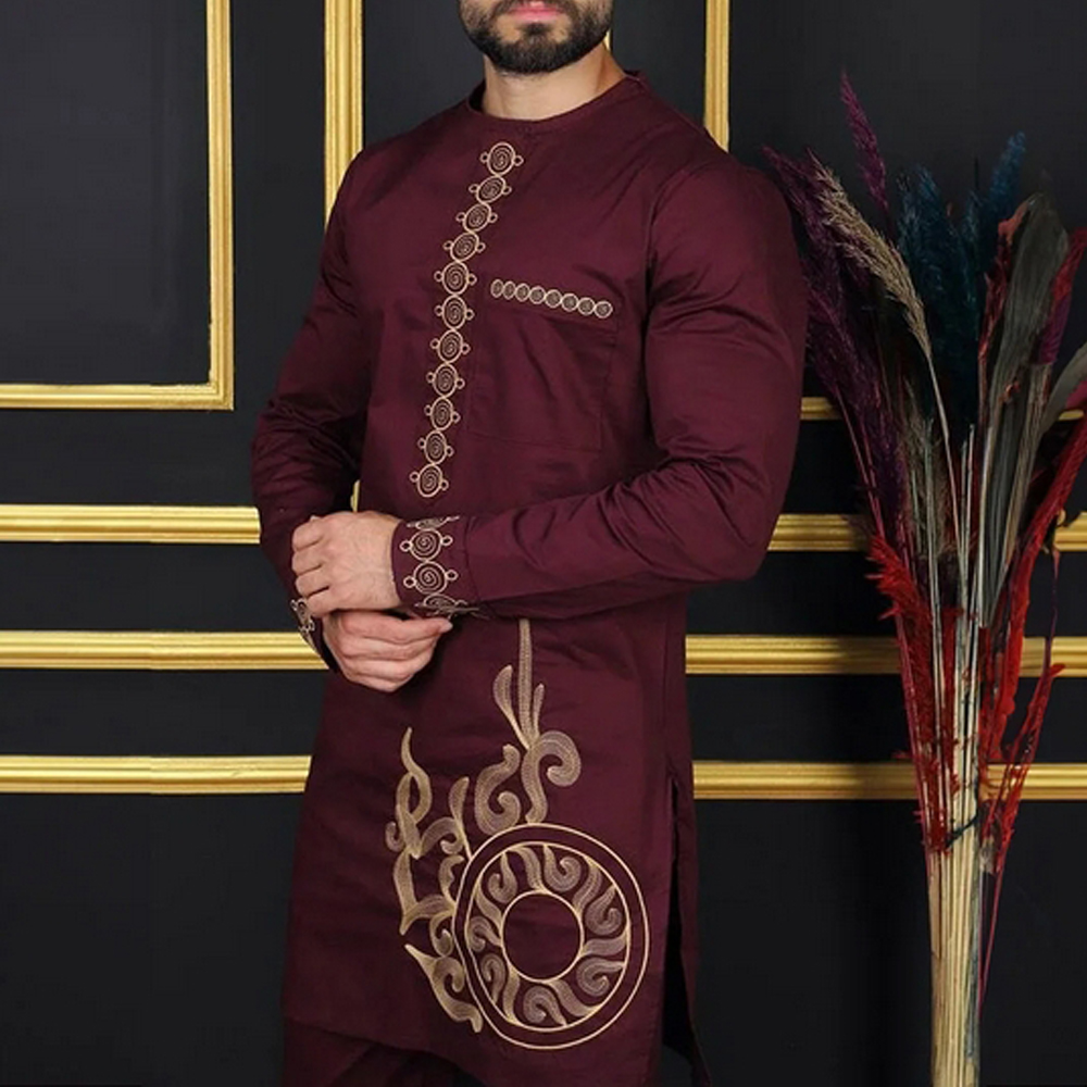 Kaftan de Mariage Rose avec Poches Trempées pour Homme, Pantalon en Y, Vêtements Ethniques Africains, Tenues Taditionnelles, Costumes à la Mode, Ensemble de 2 Pièces