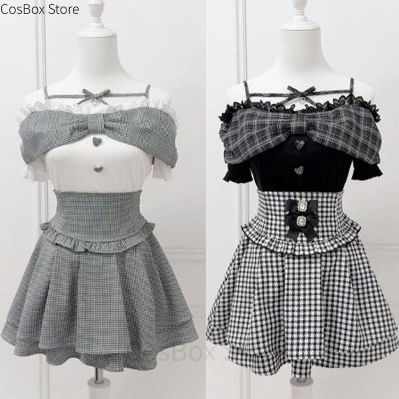 Ensemble Lolita Y2K gothique japonais style japonais avec haut en dentelle à nœud épaules dénudées et jupe écossaise taille haute Jirai Kei Ryousangata
