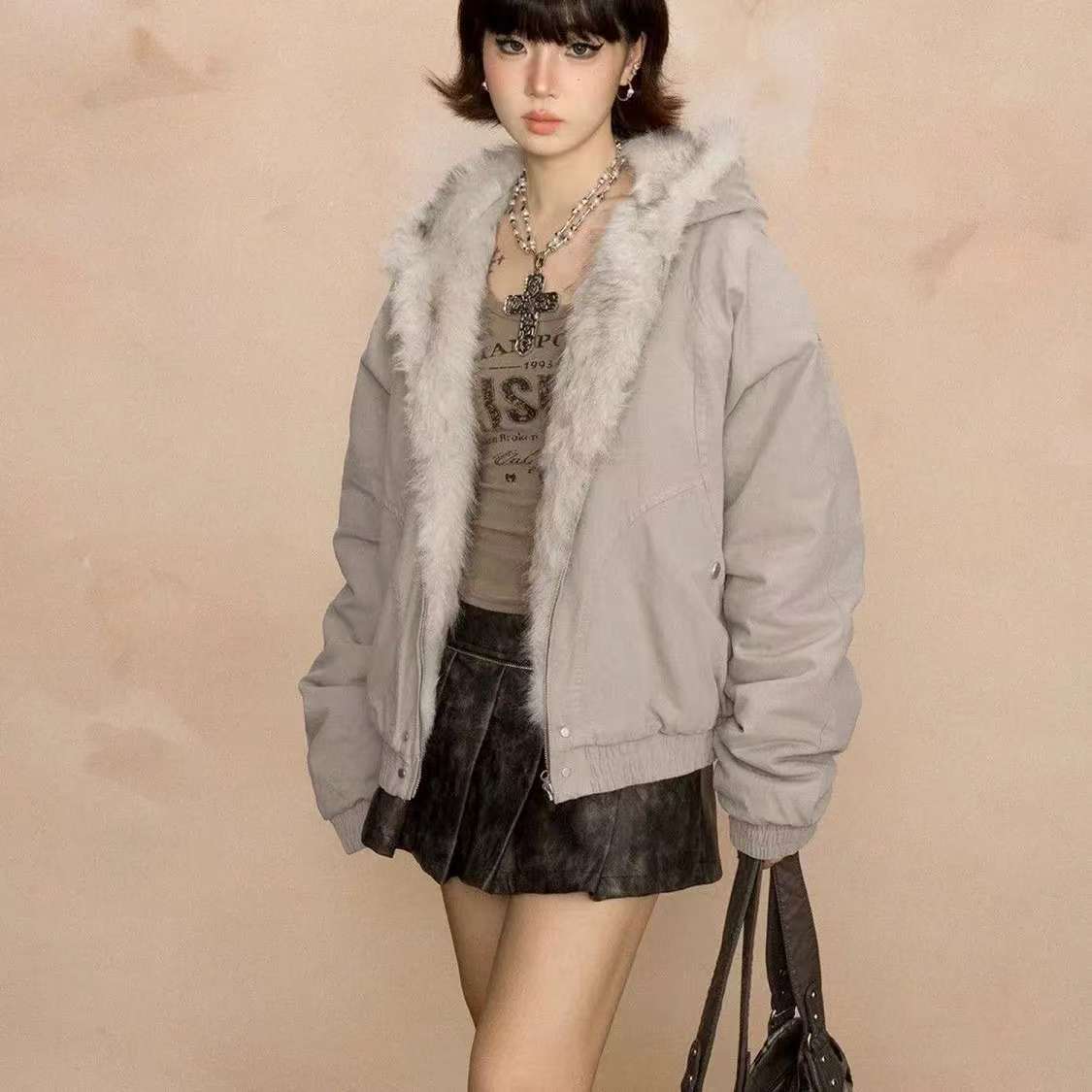 Veste d'optique d'hiver pour hommes, manteau surdimensionné Harajuku, col en laine rétro américain, haut en peluche de coton à capuche, rue, hip-hop, gothique