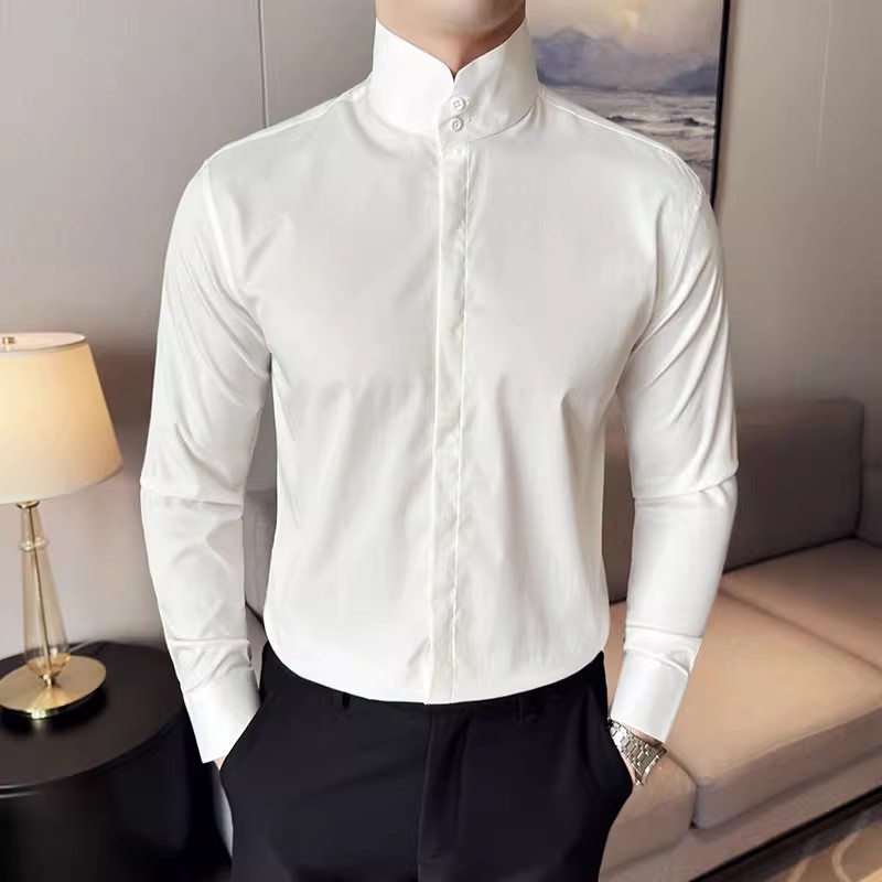 Mode col haut chemises hommes printemps automne couleur unie à manches longues Style coréen chemises décontractées intelligentes hommes coupe ajustée Stand chemise