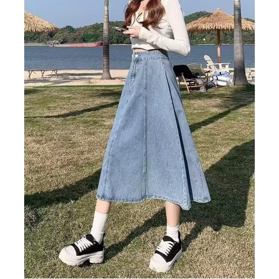 Jupe midi en jean pour femme, style coréen, taille haute, coupe trapèze, taille élastique, en denim délavé vintage, décontractée, longue