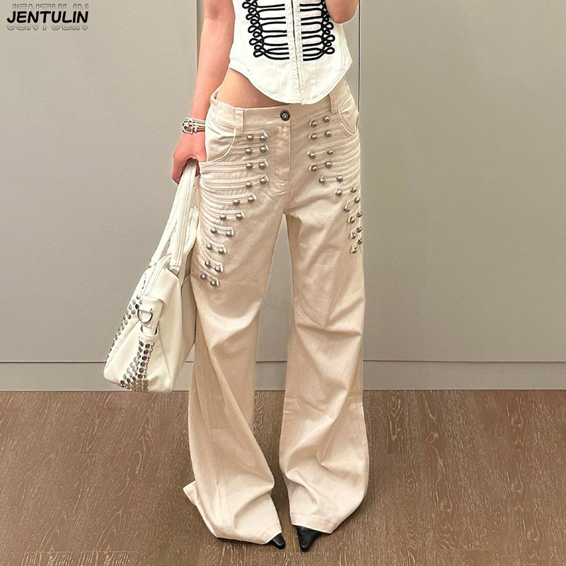 Pantalon en jean pour femme, style rétro américain, avec boucle métallique, nouvelle collection été, coupe ample et large, longueur au sol, style urbain et séduisant