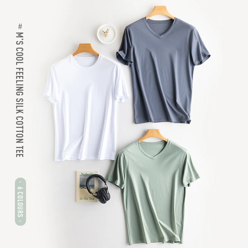 T-shirt col ras du cou en coton mercerisé pour hommes, tissu haut de gamme, manches courtes, sensation soyeuse, vêtements d'été, vacances, col en v