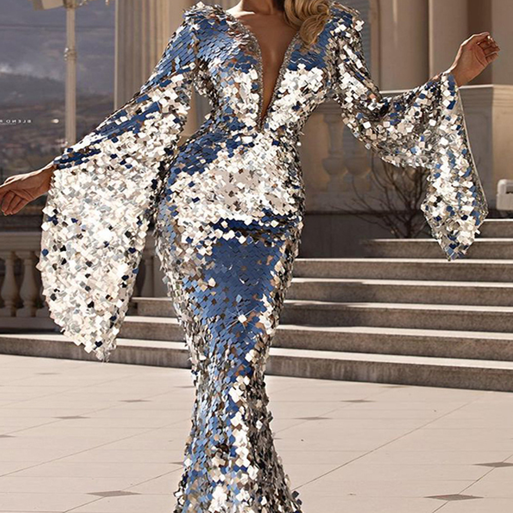 Robe de soirée sirène élégante pour femme, sexy, à col en V, ornée de sequins argentés, moulante, à manches évasées