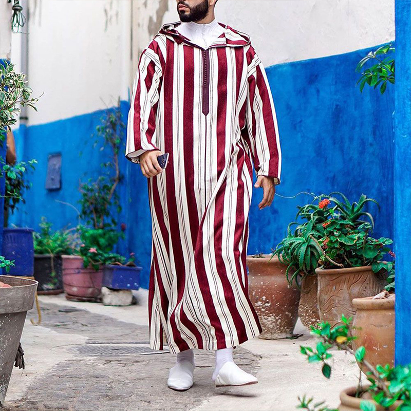 Hommes islamique arabe Patchwork rayé à capuche fermeture éclair Robe musulmane automne Streetwear décontracté ample arabe Robe islamique 2026 nouveau
